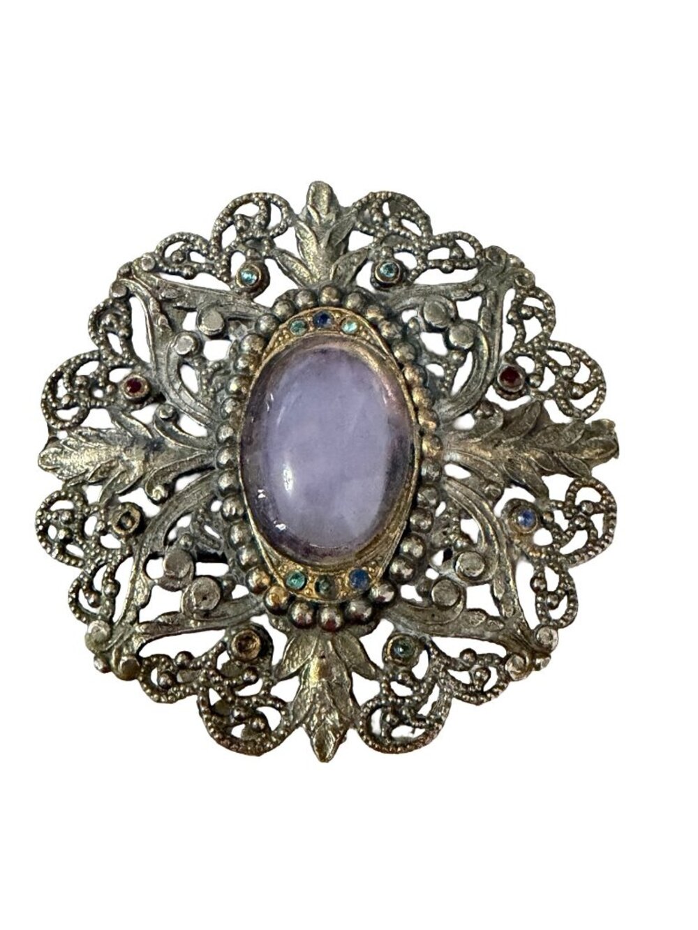Vintage Allied SJN Filigree Brooch Lavender Cabochon Ornate Silver Tone Pin 2.5"
